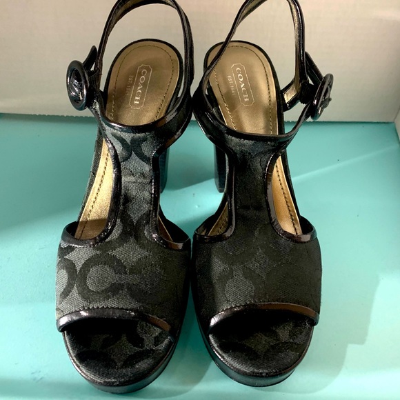 COACH BLACK MONOGRAM PLATFORM HEELS - Picture 14 of 16